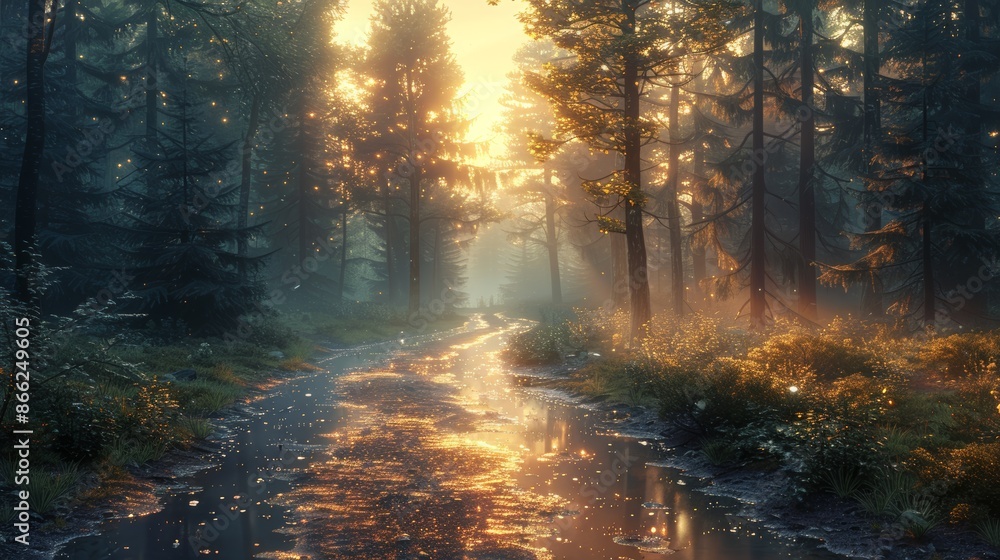 The first light of dawn illuminating a forest with morning dew on the leaves. The first light of dawn illuminating a forest with morning dew on the leaves.