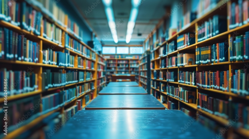 Fototapeta premium Long aisle of bookshelves in a quiet library. Interior shot of a library with an empty desk. Concept of learning, research, knowledge and literature.