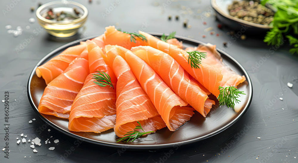Smoked salmon slices arranged on a plate. Smoked salmon slices arranged on a plate.