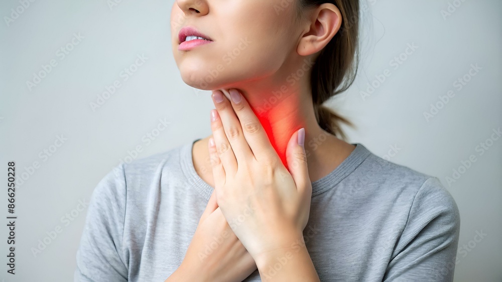 Woman have a sore throat,Female touching neck with hand,Healthcare Concepts Woman have a sore throat,Female touching neck with hand,Healthcare Concepts