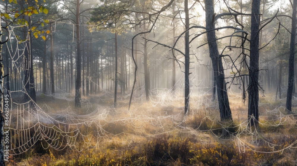 Fototapeta premium Tranquil foggy morning in a pine forest with dew-covered spider webs and silent surroundings
