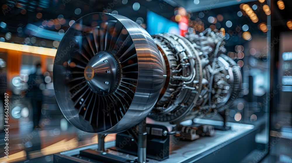 Turbine Engine Profile: Aviation Technologies. Detailed display of an aircraft jet engine at the exposition.
Turbine Engine Profile: Aviation Technologies. Detailed display of an aircraft jet engine at the exposition.