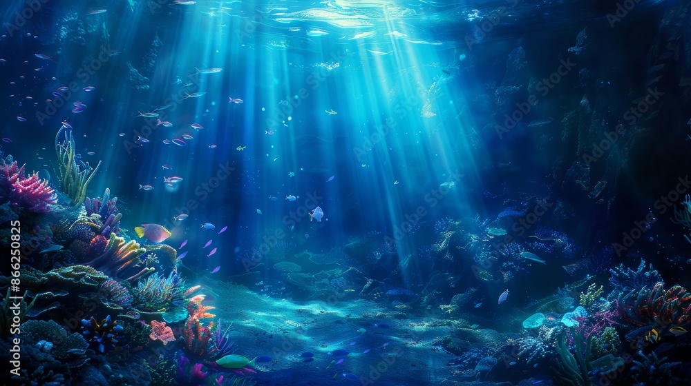 Underwater scene of the deep blue sea with rays of sunlight piercing through the water and illuminating the marine life below Underwater scene of the deep blue sea with rays of sunlight piercing through the water and illuminating the marine life below