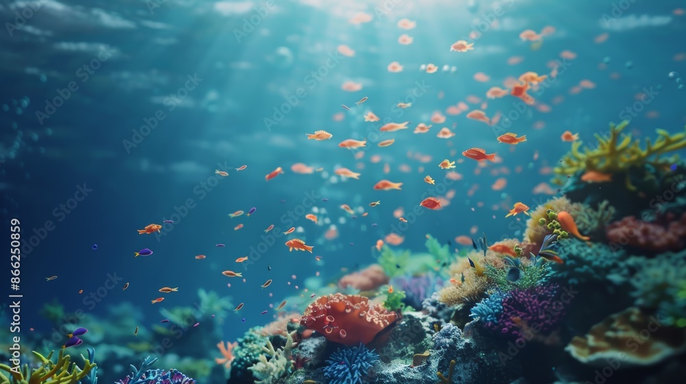 Underwater view of deep blue sea with colorful coral reefs and schools of fish swimming by Underwater view of deep blue sea with colorful coral reefs and schools of fish swimming by