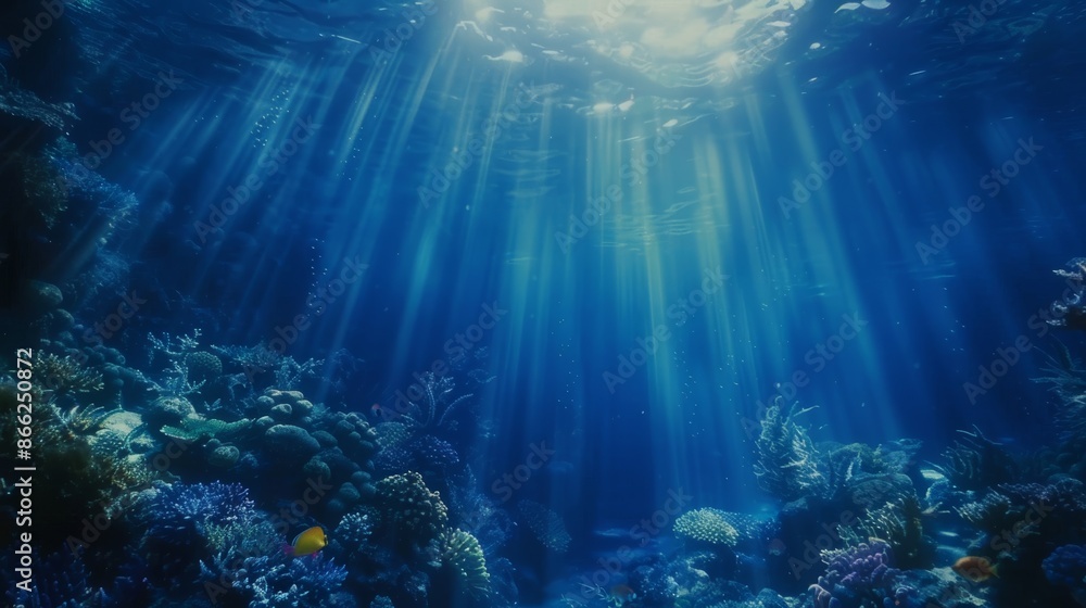 Underwater scene of the deep blue sea with rays of sunlight piercing through the water and illuminating the marine life below Underwater scene of the deep blue sea with rays of sunlight piercing through the water and illuminating the marine life below