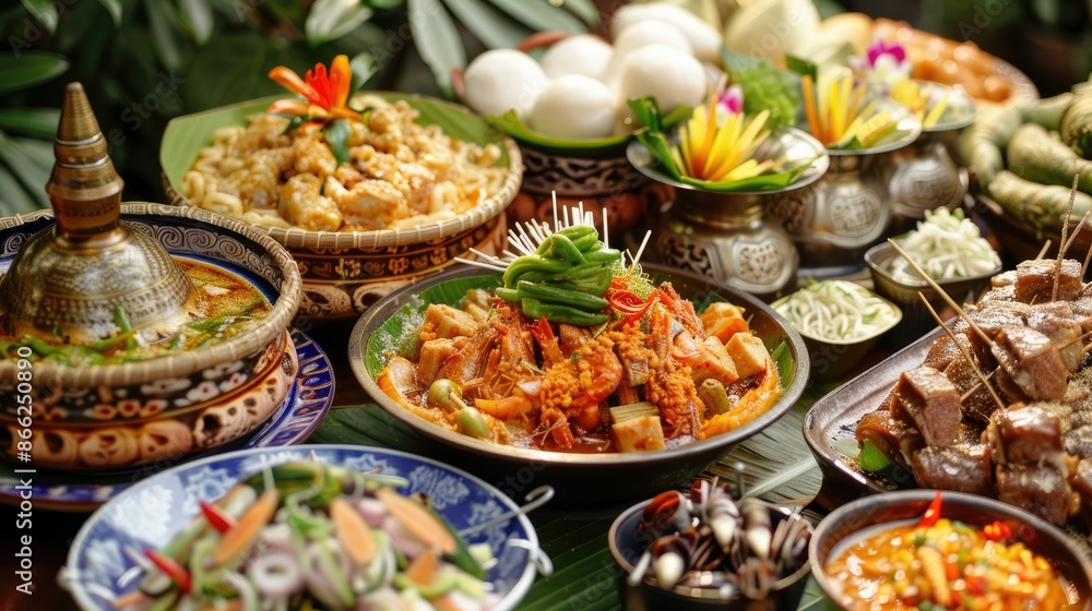 Colorful and Aromatic Southeast Asian Culinary Feast with Traditional Thai Dishes and Ingredients Colorful and Aromatic Southeast Asian Culinary Feast with Traditional Thai Dishes and Ingredients