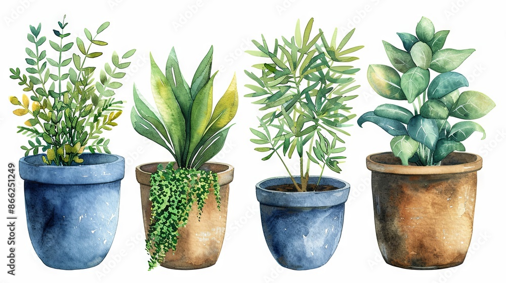 Watercolor hand painted house green plants in flower pots Watercolor hand painted house green plants in flower pots