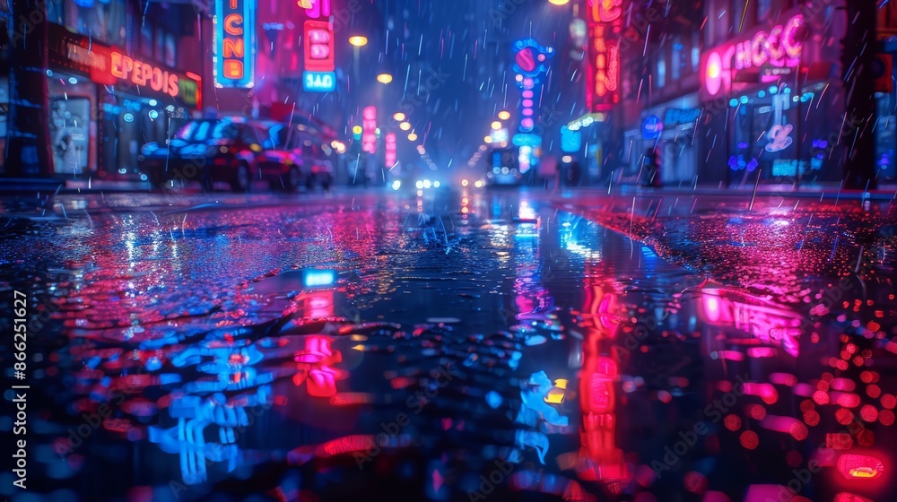 Wet pavement reflecting neon lights in a smoky, deserted street at night. Wet pavement reflecting neon lights in a smoky, deserted street at night.