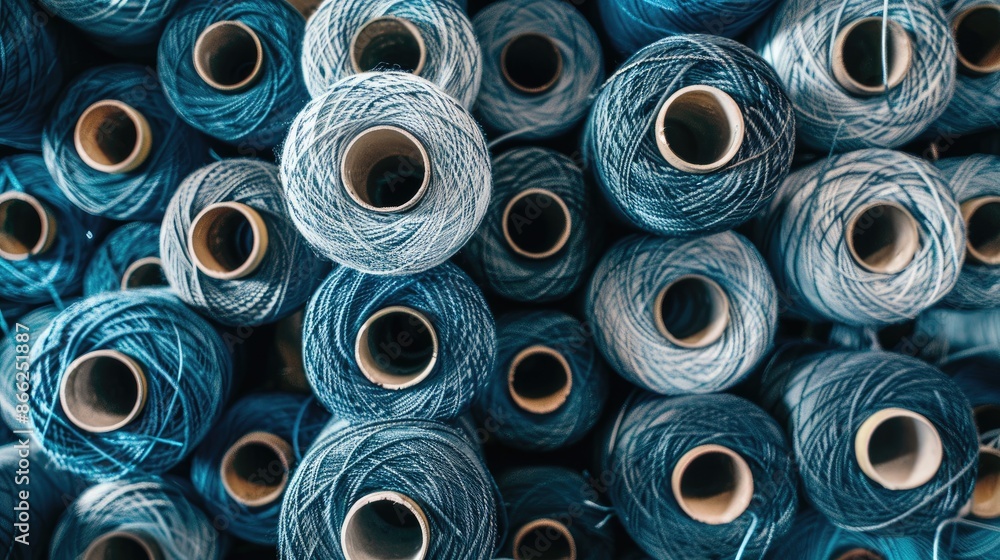 Top view of numerous yarn spools in textile factory Cotton manufacturing concept Top view of numerous yarn spools in textile factory Cotton manufacturing concept