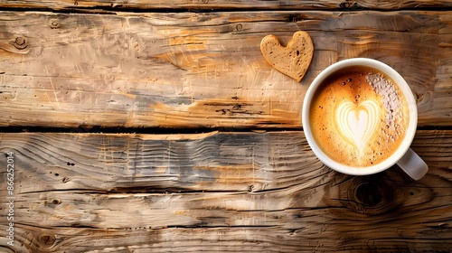 Coffee with a Heart and a Gingerbread Cookie on Wooden Background.