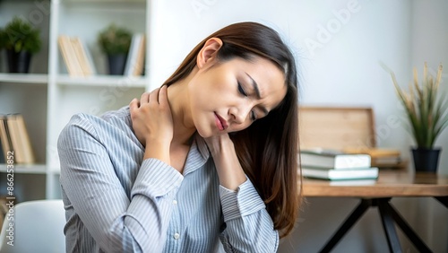 Woman having a neck pain,Female feeling exhausted and painful photo