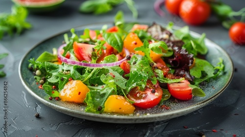 Fresh summer salad with tomatoes, arugula, and red onion on a plate. Healthy, delicious, and nutritious food for lunch or dinner.