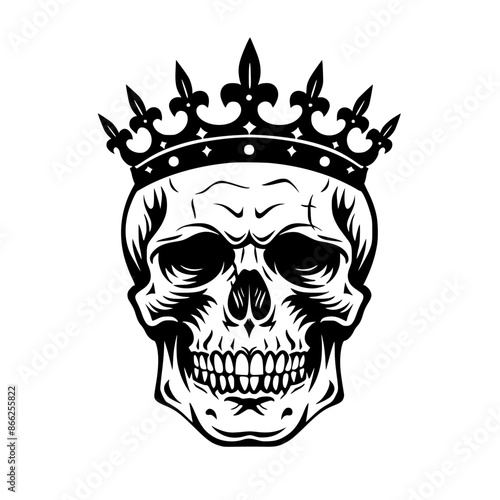 Skull with Royal Crown Illustration, Black and white illustration of a skull wearing a royal crown, symbolizing power and mortality in a bold graphic style.
