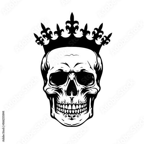 Skull with Royal Crown Illustration, Black and white illustration of a skull wearing a royal crown, symbolizing power and mortality in a bold graphic style.
