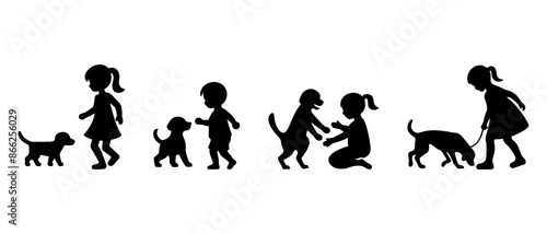 Children playing with pet dog side view silhouette black filled vector Illustration icon. kids playing vector. Children are jumping, playing and having fun.