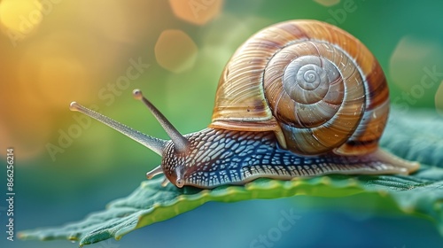 Close-Up of Snail on Leaf with Bokeh Background. Generative ai