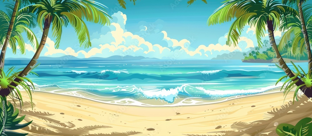 Obraz premium Paradise Tropical Island Beach Scene with Palm Trees and Blue Ocean