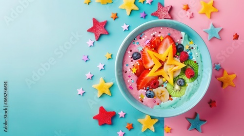 Holiday smoothie bowl with starshaped fruit toppings, Pop Art, Digital painting, Bold and colorful photo