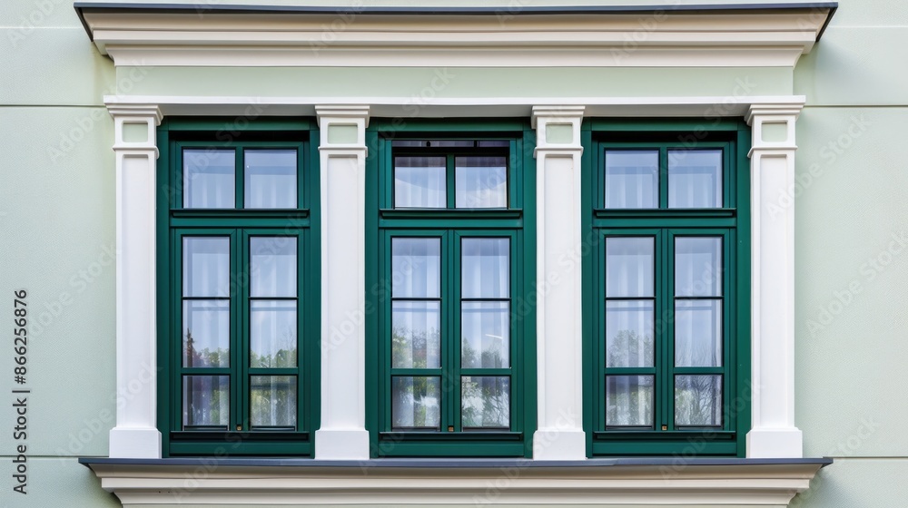 Fototapeta premium House Window. New Horizontal White Vinyl Replacement Windows with Green Trim
