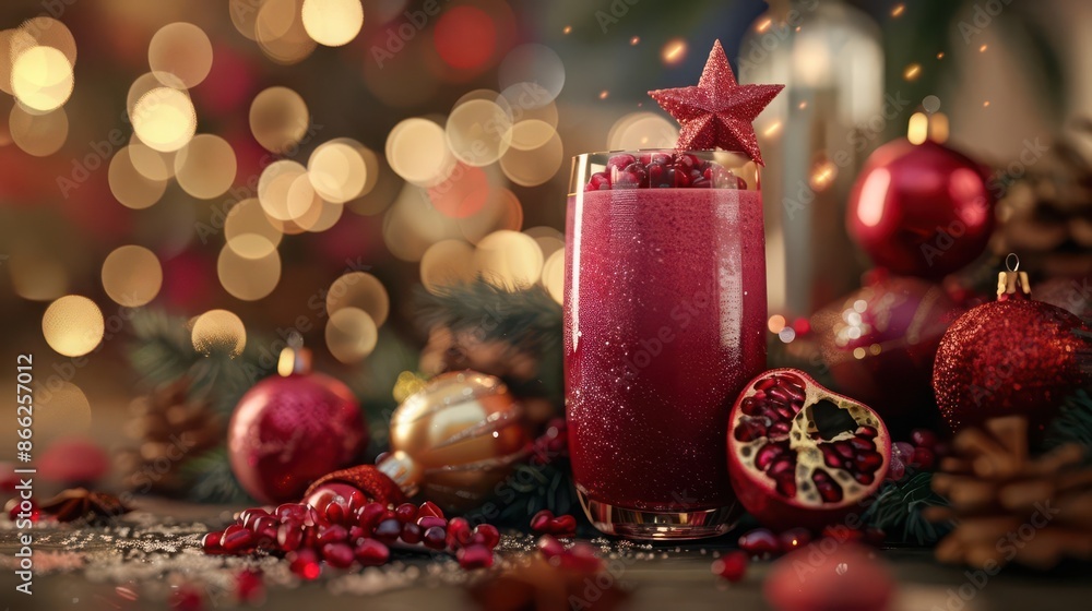 Pomegranate smoothie with a Christmas star, amidst festive decorations, Fantasy, 3D render, Rich details Pomegranate smoothie with a Christmas star, amidst festive decorations, Fantasy, 3D render, Rich details
