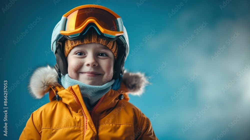 Smiling Child in Winter Ski Gear with Blue Background. Generative ai.