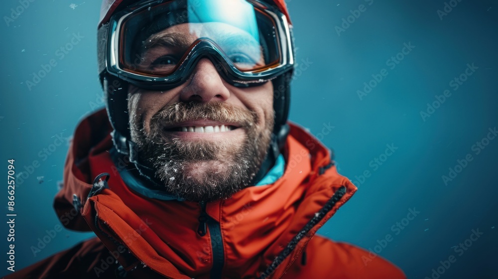 Smiling Male Skier with Snow on Face and Gear. Generative ai. Smiling Male Skier with Snow on Face and Gear. Generative ai.
