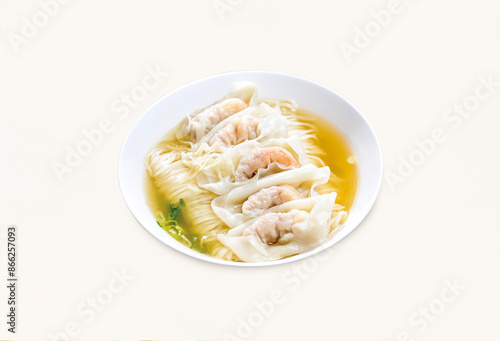 Shrimp and Pork Wonton dumplings Noodle Soup served in bowl isolated on grey background side view of hong kong food