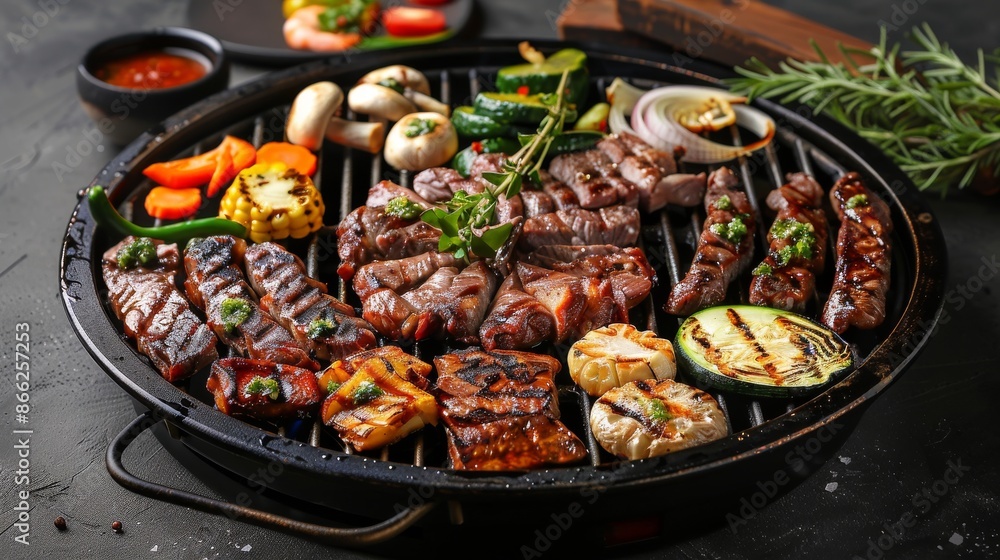 Close-up shot of a round grill with various grilled meat, vegetables, and seafood, ready for a delicious barbecue feast. Concept of summer, food, grilling, and outdoor cooking. Close-up shot of a round grill with various grilled meat, vegetables, and seafood, ready for a delicious barbecue feast. Concept of summer, food, grilling, and outdoor cooking.