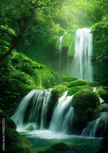 Lush Green Forest Waterfall With Moss Covered Rocks in the Front