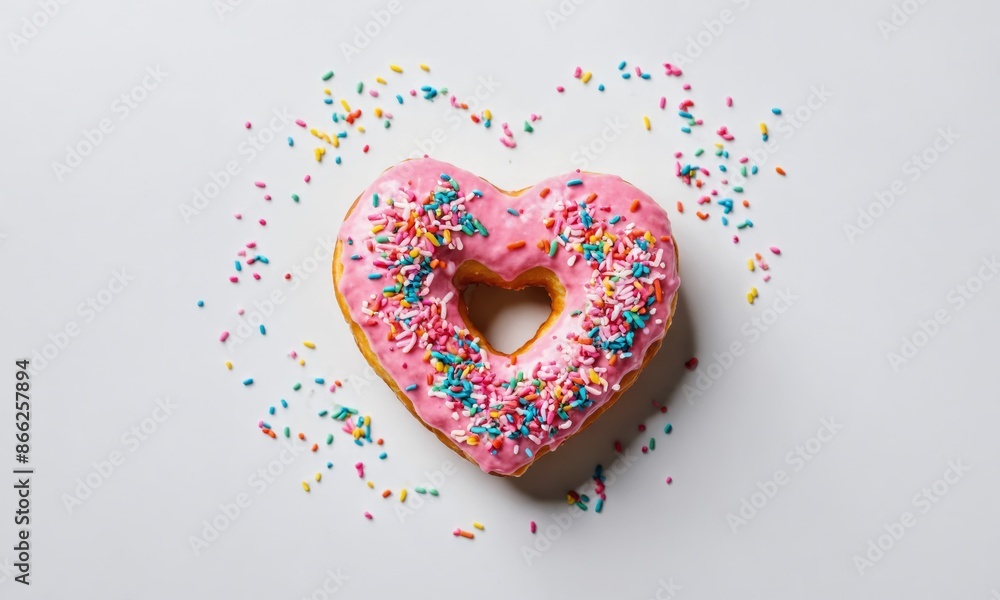 Pink heart-shaped donut with sprinkles on white background Pink heart-shaped donut with sprinkles on white background
