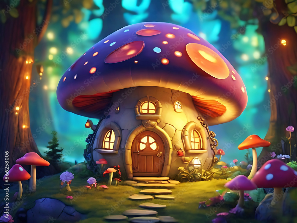 Fantasy cartoon mushroom house & fairy home in the forest by AI Generative. Fantasy cartoon mushroom house & fairy home in the forest by AI Generative.
