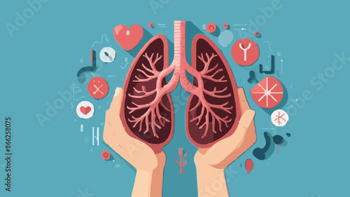A Person Holding A Lung In Their Hands. With Medical Icons And Symbols. world tuberculosis day, world no tobacco day, lung cancer