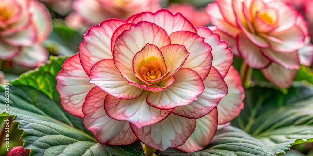 Delicate begonia flower with wax-like petals in shades of soft pink and white, intricate textures and veins visible in stunning macro detail. Delicate begonia flower with wax-like petals in shades of soft pink and white, intricate textures and veins visible in stunning macro detail.