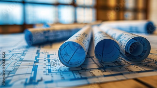 The rolled architectural blueprints photo