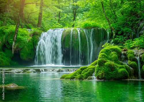 Lush Green Forest Waterfall With Moss Covered Rocks in the Front