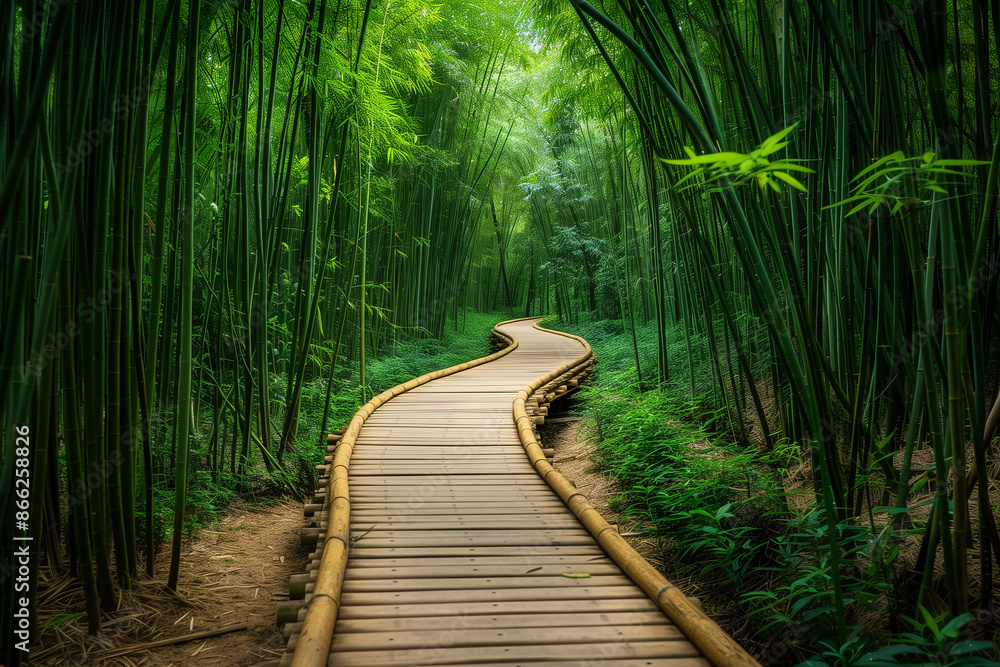 Fototapeta premium Pathway through a tranquil bamboo forest