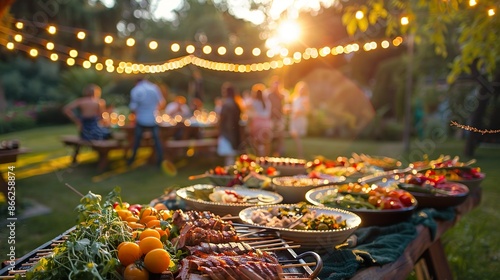  An evening garden party featuring a decorated table with a variety of foods. Festive mood
