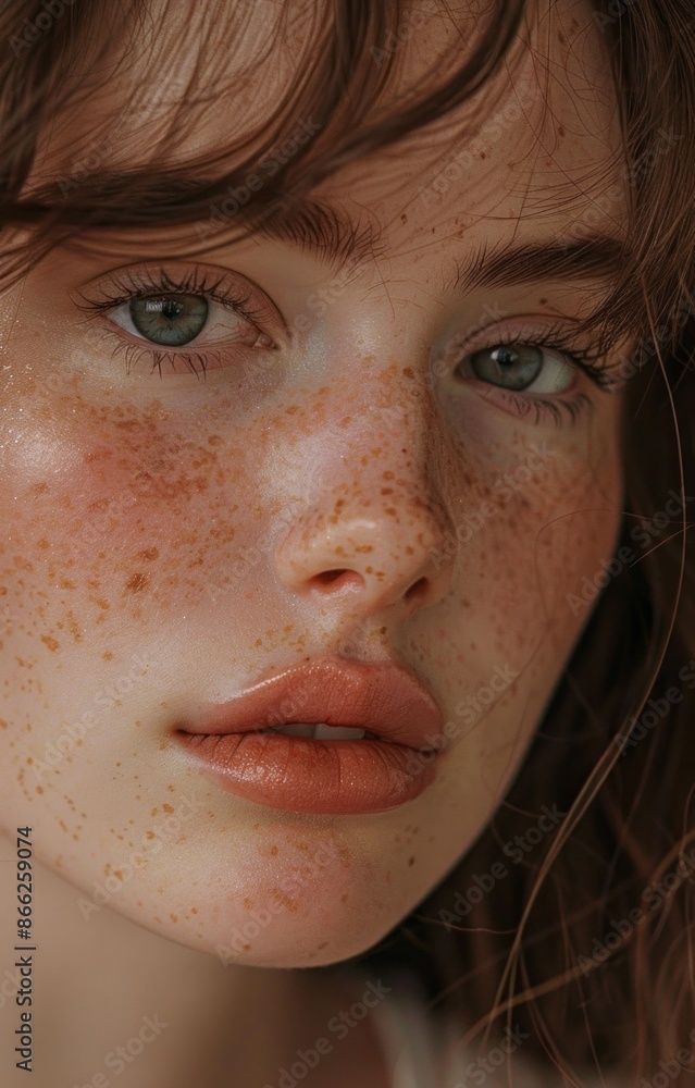 A close-up portrait of a young woman with freckles on her face. She is looking directly at the camera with a soft and natural look. Her skin is lightly bronzed and glowing A close-up portrait of a young woman with freckles on her face. She is looking directly at the camera with a soft and natural look. Her skin is lightly bronzed and glowing