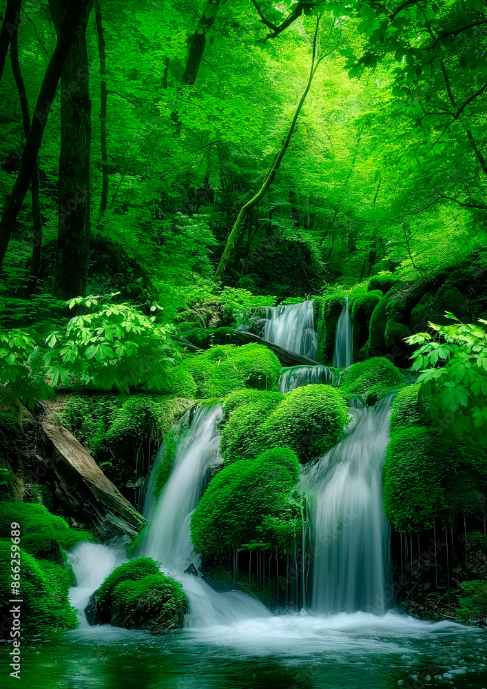Lush Green Forest Waterfall With Moss Covered Rocks in the Front Lush Green Forest Waterfall With Moss Covered Rocks in the Front