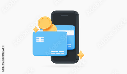 3D Online payment concept. Mobile phone with credit cards and coins. Bank wallet for money transactions. Financial transfer. Cartoon creative design icon. 3D Vector illustration