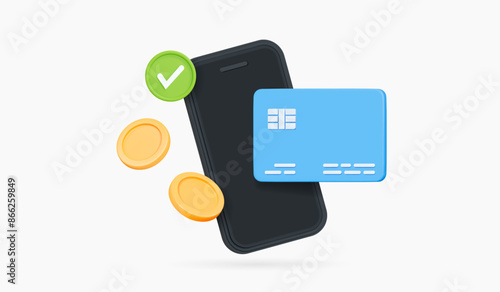 3D Online payment concept. Mobile phone with credit card, floating coins and check mark. Bank wallet. Successful transaction. Money transfer. Cartoon creative design icon. 3D Vector illustration
