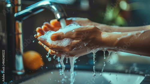 Woman washing hands under water tap, Liquid antibacterial soap and foam, Close up of female hand, Self care and hygiene, Infection prevention.