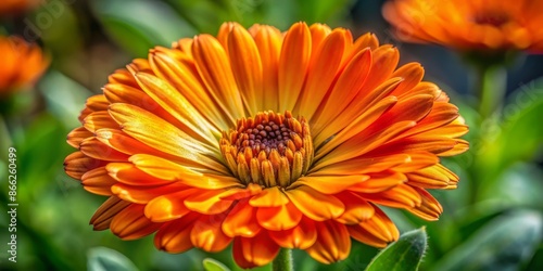 Vibrant orange calendula flower petals unfold to reveal intricate details, highlighting its potent antioxidant and anti-inflammatory medicinal properties in a stunning macro close-up shot. photo