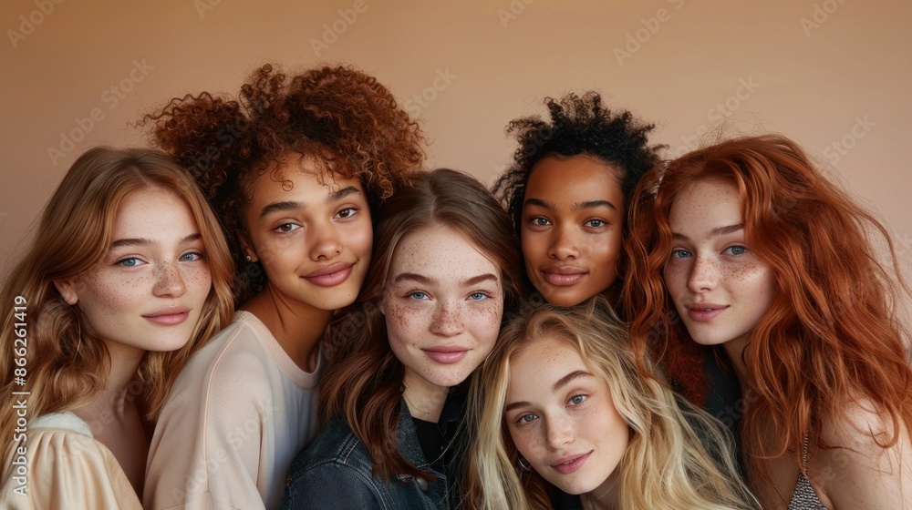 Obraz premium A diverse collection of young ladies, each with their own unique style and skin tone, strike a close pose to highlight their inherent beauty.
