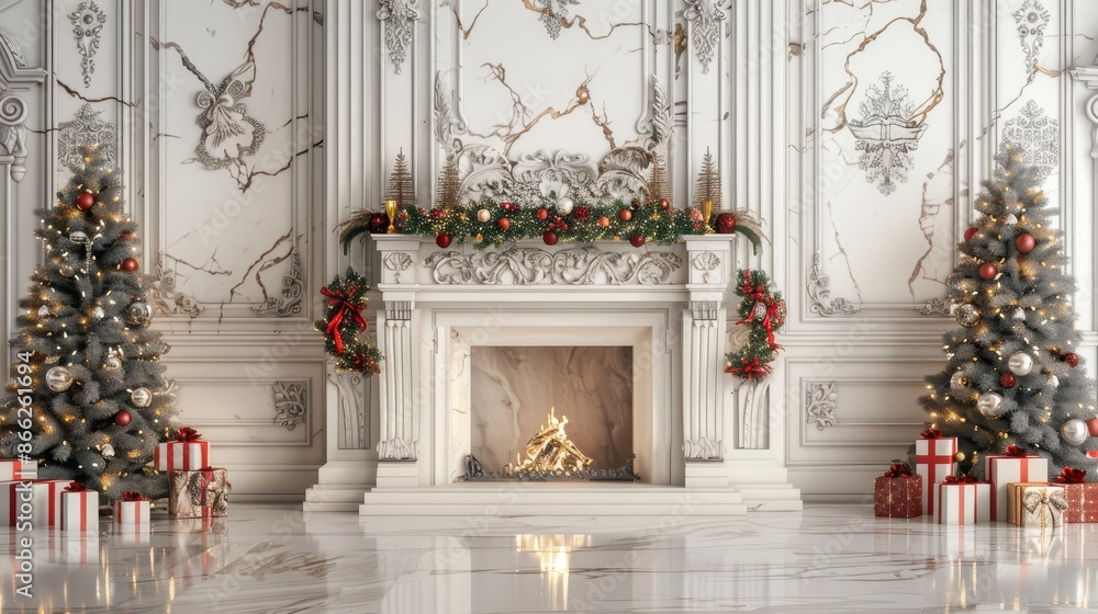 Two decorated Christmas trees in a formal room with a white fireplace Two decorated Christmas trees in a formal room with a white fireplace