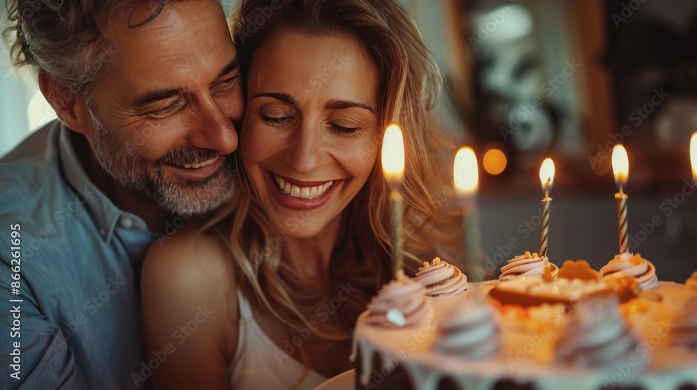 A couple in their 40s is celebrating their anniversary with a happy birthday cake. A couple in their 40s is celebrating their anniversary with a happy birthday cake.