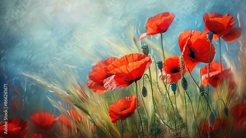  Bright red wild poppies on a field painted with oil paint on canvas.