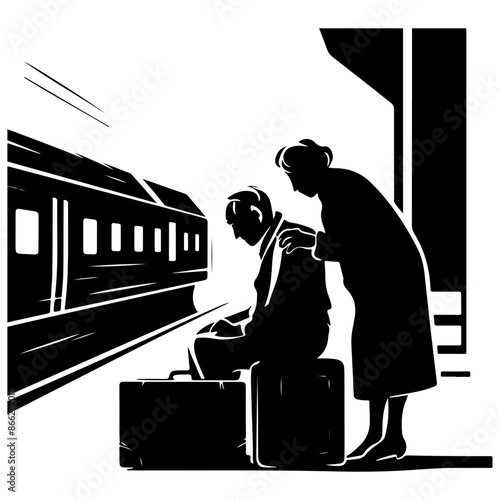 An elderly man and a woman saying goodbye at a train station, with a train in the background and a large suitcase at the man's feet.  Minimalistic vector image 