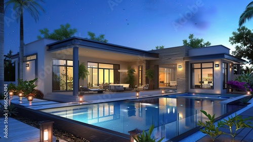 Modern Villa with Swimming Pool at Twilight