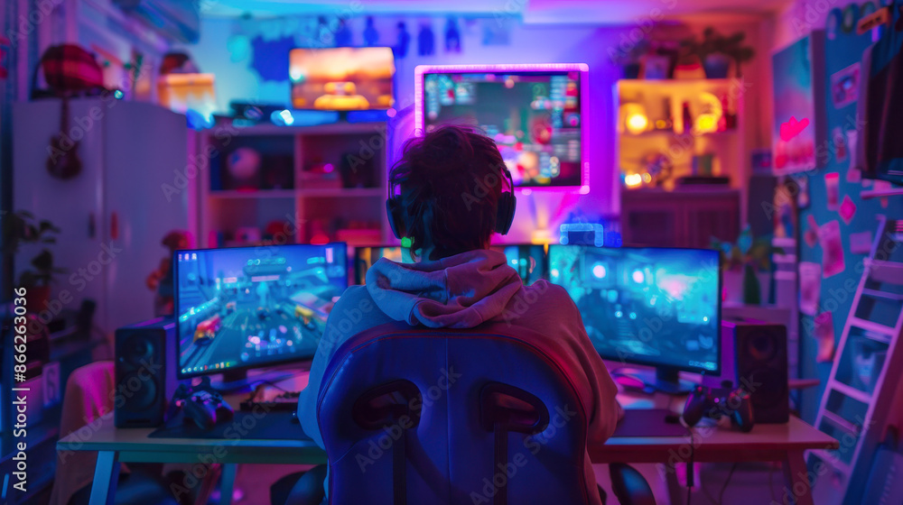 Gaming Setup with Multiple Screens. A gamer is fully immersed in a gaming setup with multiple screens, vibrant neon lights, and a plethora of gaming accessories, capturing essence of gaming culture.